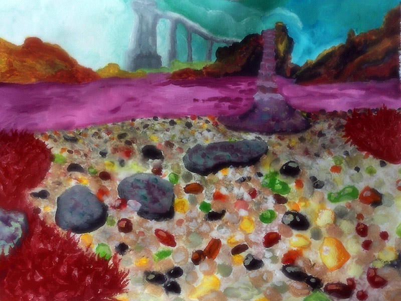 Fantasy beach landscape with colored pebbles
